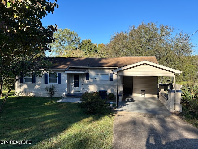 single story home with a front lawn and a carport