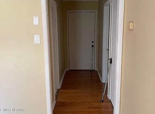 corridor featuring dark wood-type flooring