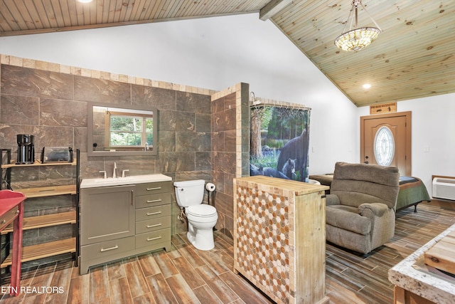 bathroom featuring toilet, wood ceiling, wood-type flooring, and tile walls