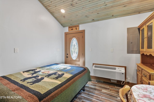 bedroom with lofted ceiling, dark hardwood / wood-style floors, a wall mounted air conditioner, wooden ceiling, and electric panel