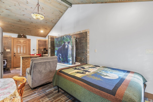 bedroom with beamed ceiling, hardwood / wood-style floors, wood ceiling, and high vaulted ceiling