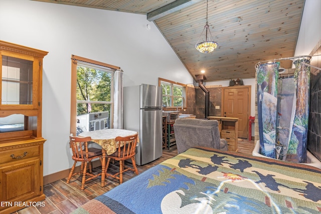 bedroom with dark wood-type flooring, multiple windows, wooden ceiling, and stainless steel refrigerator