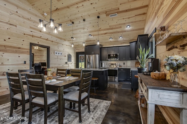 dining space with high vaulted ceiling, wood walls, and wood ceiling