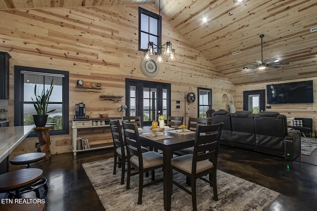 dining space featuring high vaulted ceiling, wood walls, dark hardwood / wood-style flooring, wood ceiling, and ceiling fan