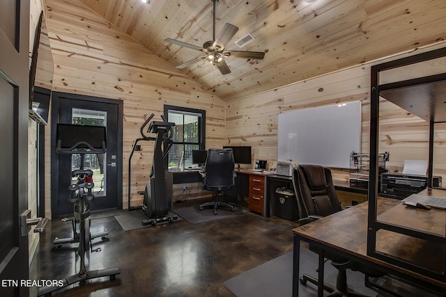 office area featuring high vaulted ceiling, wooden walls, wood ceiling, and ceiling fan