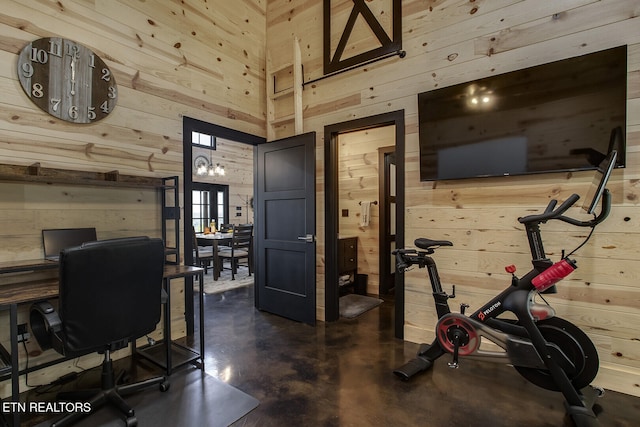 home office with wooden walls