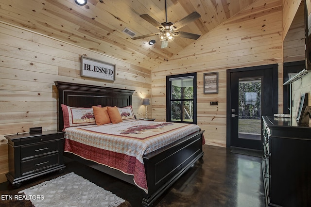 bedroom with wooden ceiling, ceiling fan, wooden walls, and high vaulted ceiling