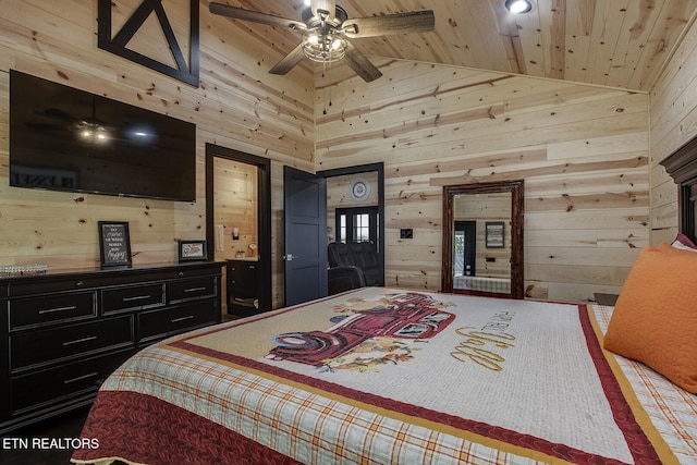 bedroom featuring high vaulted ceiling, wood walls, wood ceiling, and ceiling fan