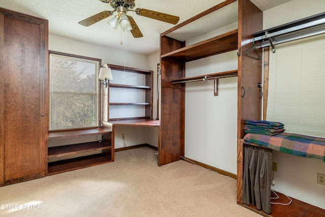 spacious closet featuring ceiling fan and light colored carpet