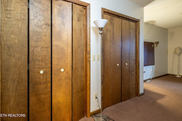 interior space featuring a textured ceiling and carpet floors