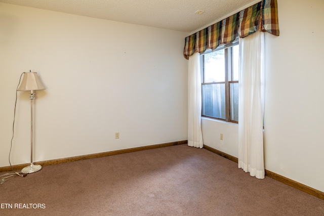 empty room with a textured ceiling and carpet floors