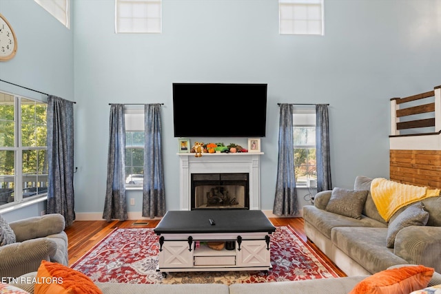 living room with a towering ceiling and hardwood / wood-style floors