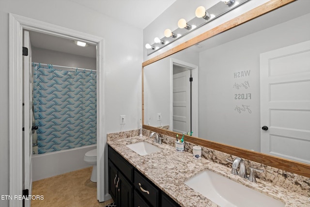 full bathroom with vanity, shower / bath combo, toilet, and tile patterned flooring