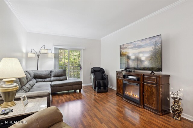 living room with ornamental molding and dark hardwood / wood-style flooring