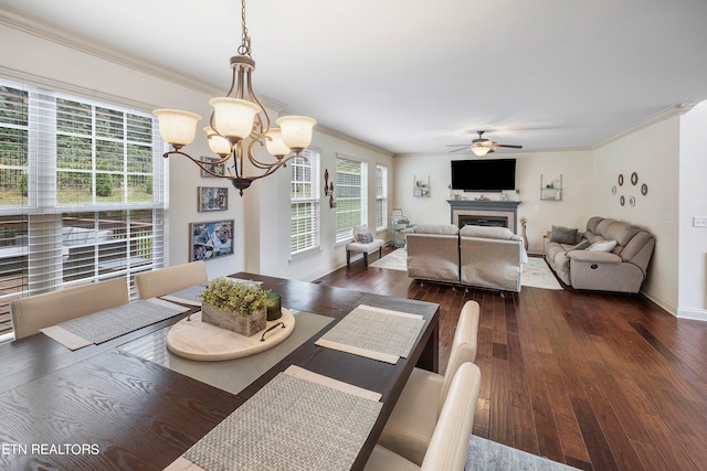 dining area featuring ornamental molding, dark hardwood / wood-style floors, and ceiling fan with notable chandelier