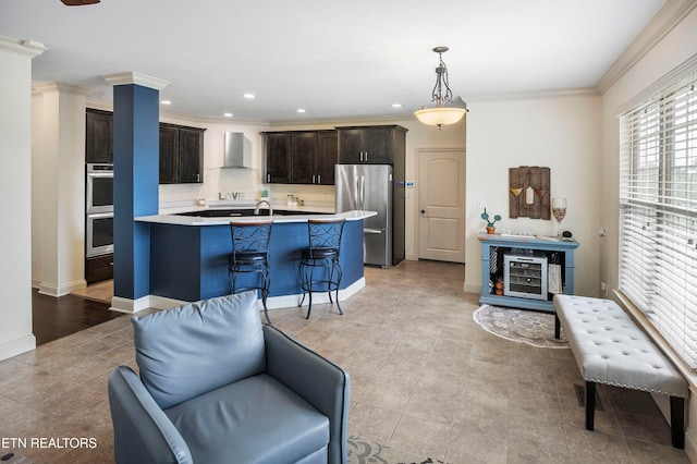 living room with crown molding and light tile patterned floors