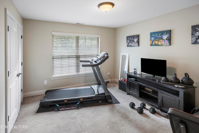 exercise area with light colored carpet