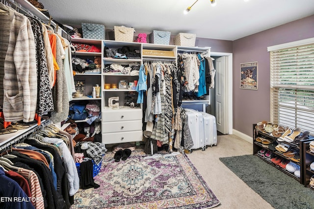 spacious closet featuring light colored carpet