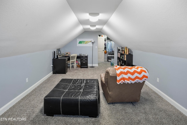 bonus room featuring lofted ceiling, a textured ceiling, and carpet flooring