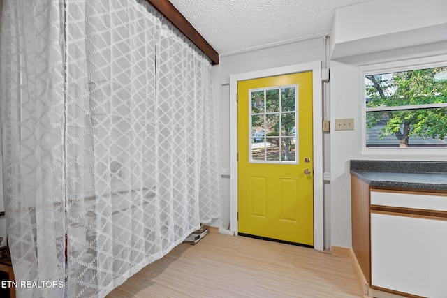 entryway with a textured ceiling, plenty of natural light, and light wood-type flooring