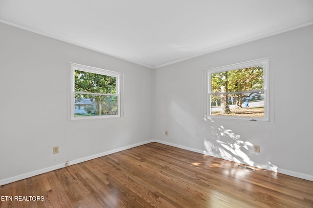 empty room featuring ornamental molding, plenty of natural light, and hardwood / wood-style floors