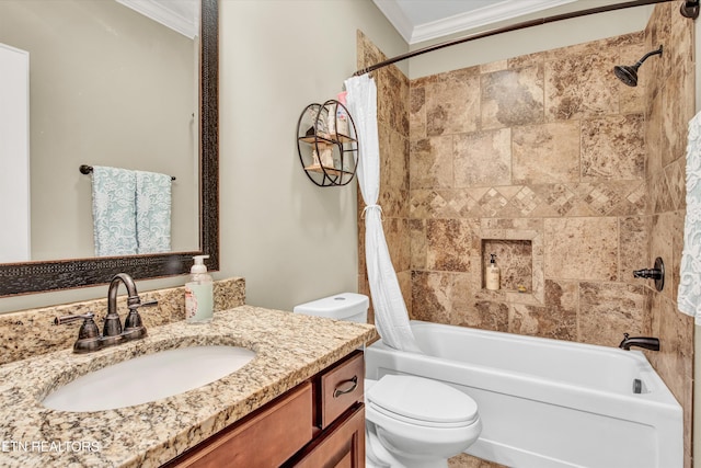 full bathroom featuring vanity, toilet, shower / bath combo with shower curtain, and ornamental molding