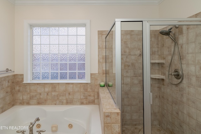 bathroom with ornamental molding and plus walk in shower