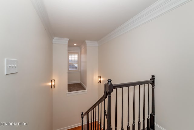 stairway with ornamental molding and wood-type flooring