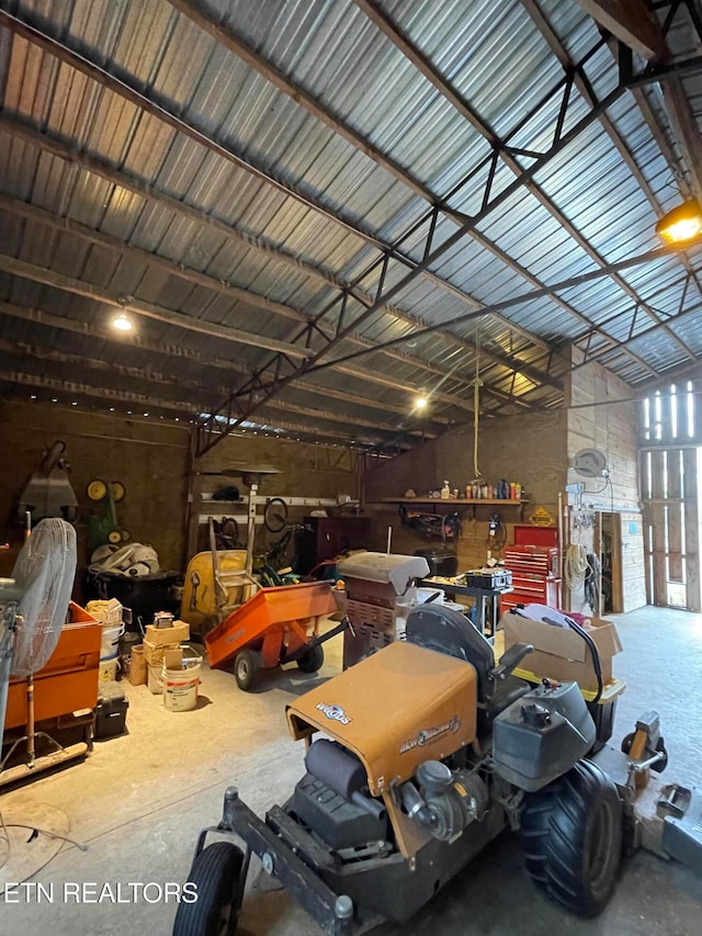 garage with a workshop area