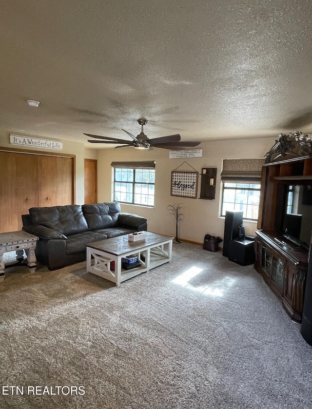 living room with a healthy amount of sunlight, a textured ceiling, and carpet floors