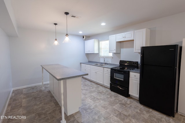 kitchen with a kitchen island, hanging light fixtures, sink, black appliances, and white cabinets