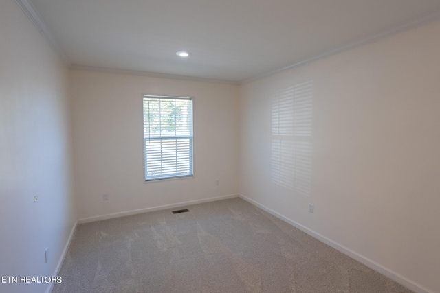 spare room with ornamental molding and carpet floors