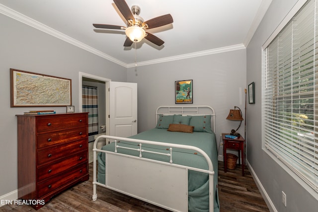 bedroom featuring ceiling fan, crown molding, and dark hardwood / wood-style floors