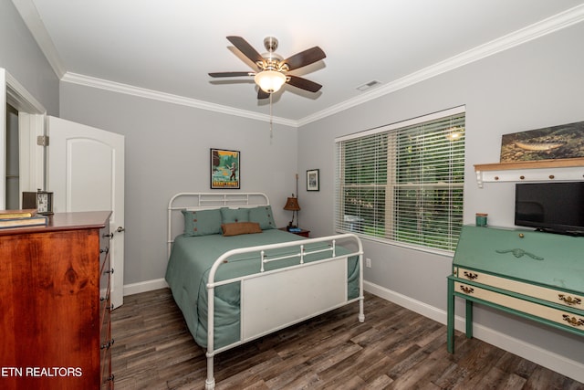 bedroom with ceiling fan, ornamental molding, and dark hardwood / wood-style flooring