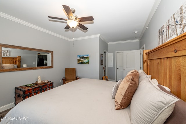 bedroom featuring a closet, ceiling fan, crown molding, and wood-type flooring