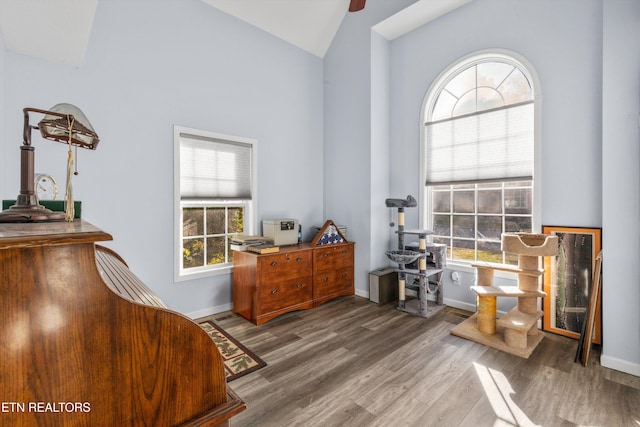 sitting room with hardwood / wood-style flooring, high vaulted ceiling, and ceiling fan