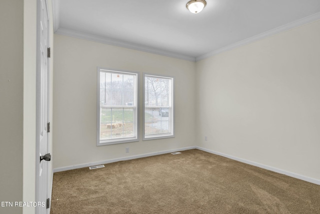 empty room featuring ornamental molding and carpet flooring