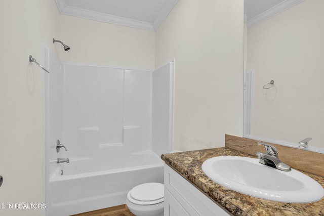 full bathroom with toilet, shower / bathtub combination, wood-type flooring, crown molding, and vanity