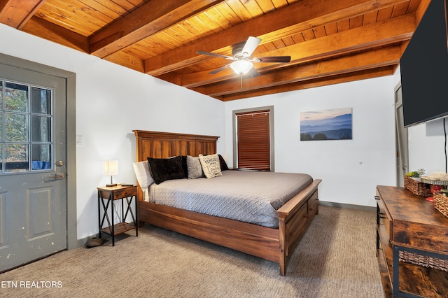 carpeted bedroom featuring beamed ceiling, ceiling fan, and wooden ceiling