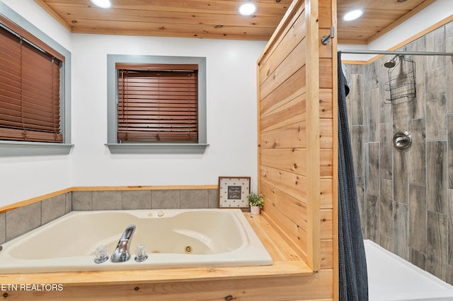 bathroom featuring wooden ceiling and independent shower and bath