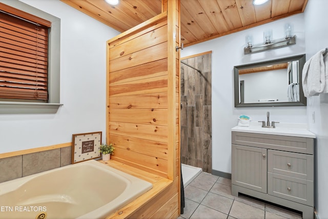 bathroom with tile patterned floors, vanity, plus walk in shower, and wood ceiling