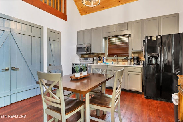 kitchen with stainless steel appliances, sink, high vaulted ceiling, gray cabinets, and dark hardwood / wood-style floors