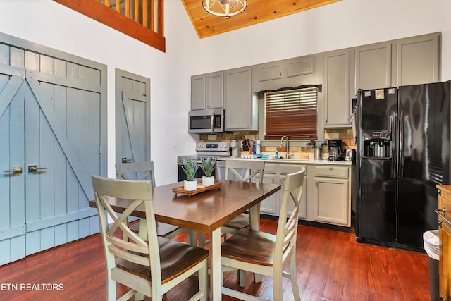 516 Clearwater Cir, Townsend, TN 37882 - kitchen with appliances with stainless steel finishes, dark wood-style flooring, light countertops, backsplash, and high vaulted ceiling