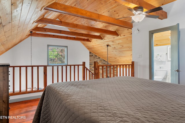 bedroom with ceiling fan, vaulted ceiling with beams, ensuite bathroom, hardwood / wood-style floors, and wood ceiling