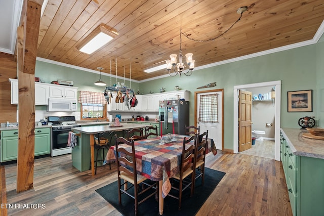 dining room with a notable chandelier, wood ceiling, hardwood / wood-style flooring, and ornamental molding