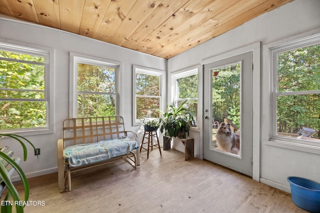 sunroom featuring wooden ceiling and plenty of natural light