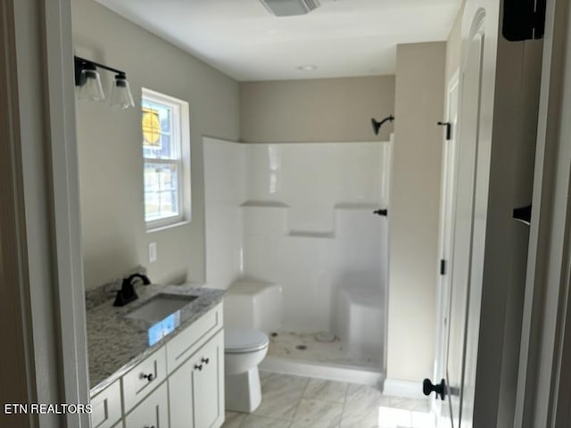 bathroom with vanity, toilet, and a shower