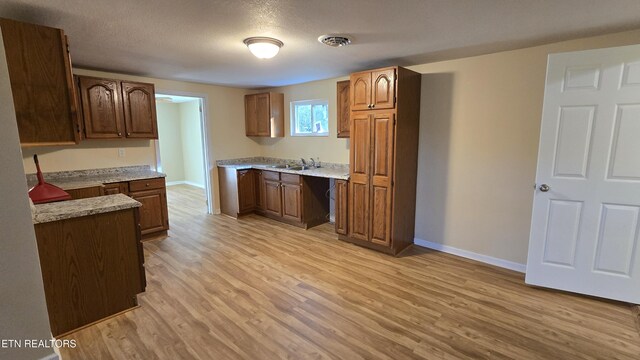 kitchen featuring baseboards, visible vents, built in study area, a sink, and light wood-style floors