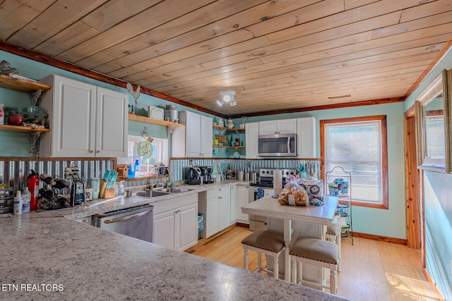 kitchen featuring appliances with stainless steel finishes, white cabinets, sink, and light hardwood / wood-style floors