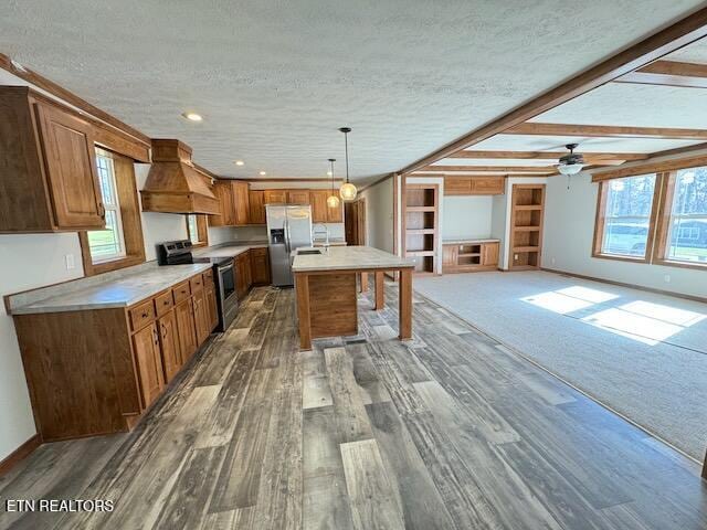 kitchen featuring custom exhaust hood, appliances with stainless steel finishes, decorative light fixtures, and a healthy amount of sunlight